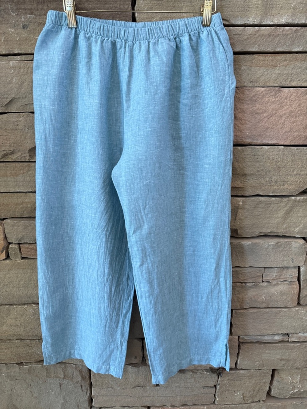 Chalet Lined Linen Cropped Pull On Pants Slacks Light Seafoam Blue Breezy